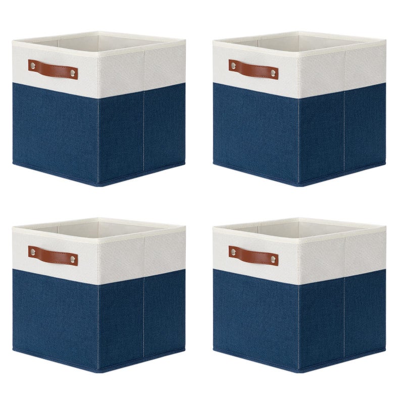 DULLEMELO Fabric Bins for Cube 11x11 Gift Baskets Empty for Boy Girl Mother Father Christmas FestivalFabric Storage Bins Cube Organizer Baskets With Leather HandlesWhiteBlue