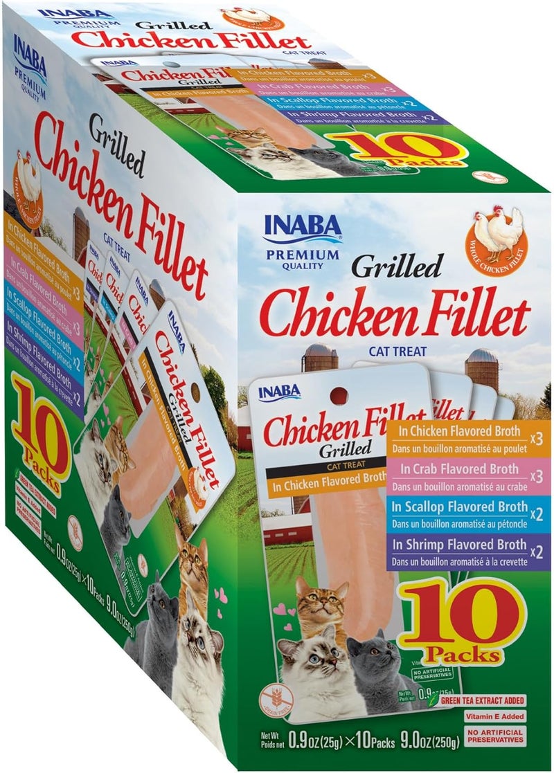 INABA Premium Grilled Chicken Fillet Cat Treats with Vitamin E and Green Tea Extract, 0.9 Ounce Each, Pack of 10, Variety Box 1 Count (Pack of 10) - Image 1