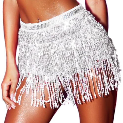 Zoestar Sequin Belly Dance Skirt Fringe Hip Scarf Festival Rave Outfits Skirts for Women (Silver) - Image 2