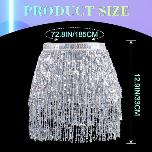 Zoestar Sequin Belly Dance Skirt Fringe Hip Scarf Festival Rave Outfits Skirts for Women (Silver) - Image 4
