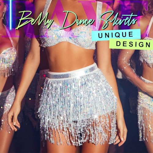 Zoestar Sequin Belly Dance Skirt Fringe Hip Scarf Festival Rave Outfits Skirts for Women (Silver) - Image 3