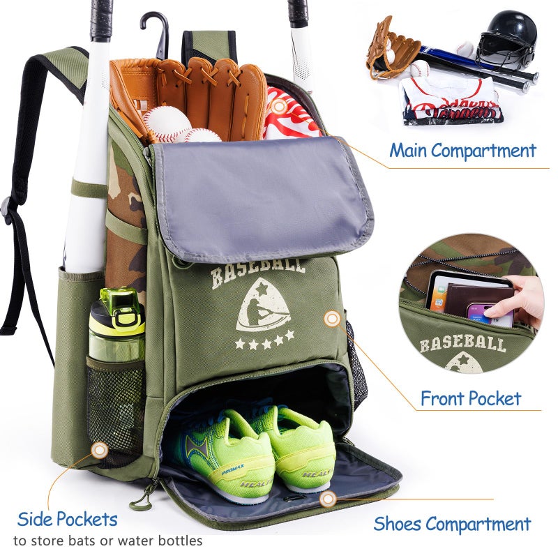VIGEGARI Baseball Bag for Youth & Adult with 4 Bat Sleeves - Softball Bat Bag with Shoe Compartment - Baseball Backpack for T-Ball, Softball Equipment, Baseball Gear, Baseball Bags for Boys 8-12 - Image 2