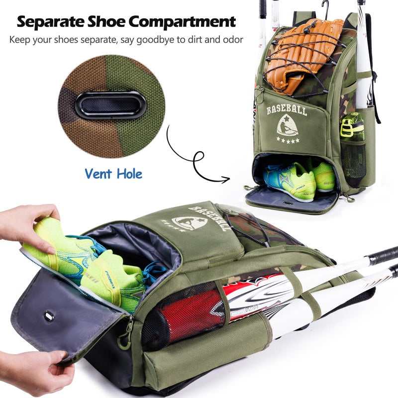 VIGEGARI Baseball Bag for Youth & Adult with 4 Bat Sleeves - Softball Bat Bag with Shoe Compartment - Baseball Backpack for T-Ball, Softball Equipment, Baseball Gear, Baseball Bags for Boys 8-12 - Image 3