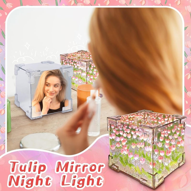 Excefore DIY Tulip Night Light, 21 Flowers Cloud Mirror Tulip Lamp, Infinity Mirror Lights, Light and Mirror 2 in 1 Portable LED Bedside Lamps, Flower Girl Gifts for Friends Couple Birthday - Image 3