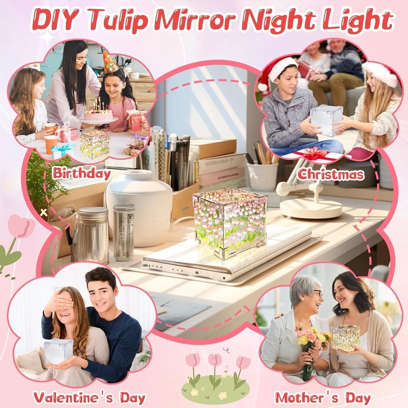 Excefore DIY Tulip Night Light, 21 Flowers Cloud Mirror Tulip Lamp, Infinity Mirror Lights, Light and Mirror 2 in 1 Portable LED Bedside Lamps, Flower Girl Gifts for Friends Couple Birthday - Image 5
