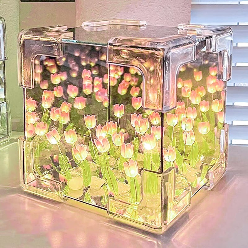 Excefore DIY Tulip Night Light, 21 Flowers Cloud Mirror Tulip Lamp, Infinity Mirror Lights, Light and Mirror 2 in 1 Portable LED Bedside Lamps, Flower Girl Gifts for Friends Couple Birthday - Image 1