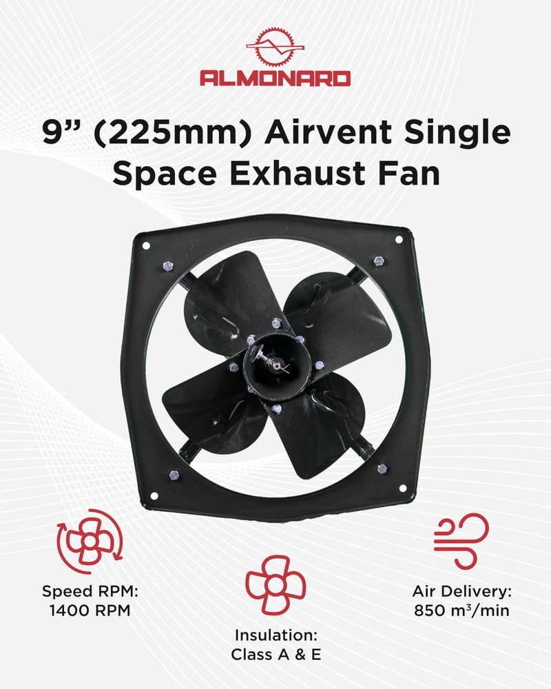 Almonard Exhaust Fan 9 Inch (225mm) - Air Vent Home & Kitchen With 4 Leaf Blades, 1400 RPM, Motor Capacitor, & Dual Ball Bearings - Powerful Suction, Black - Image 2