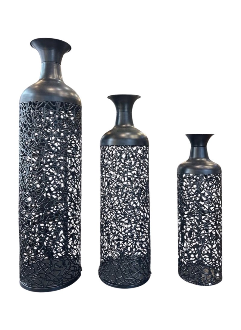 Roman Gifts Metal Decorative Vase Abstract Patterned Centerpiece Vases with Open Frame Design, Set of 3 Vases for Home Decoration  - Image 1