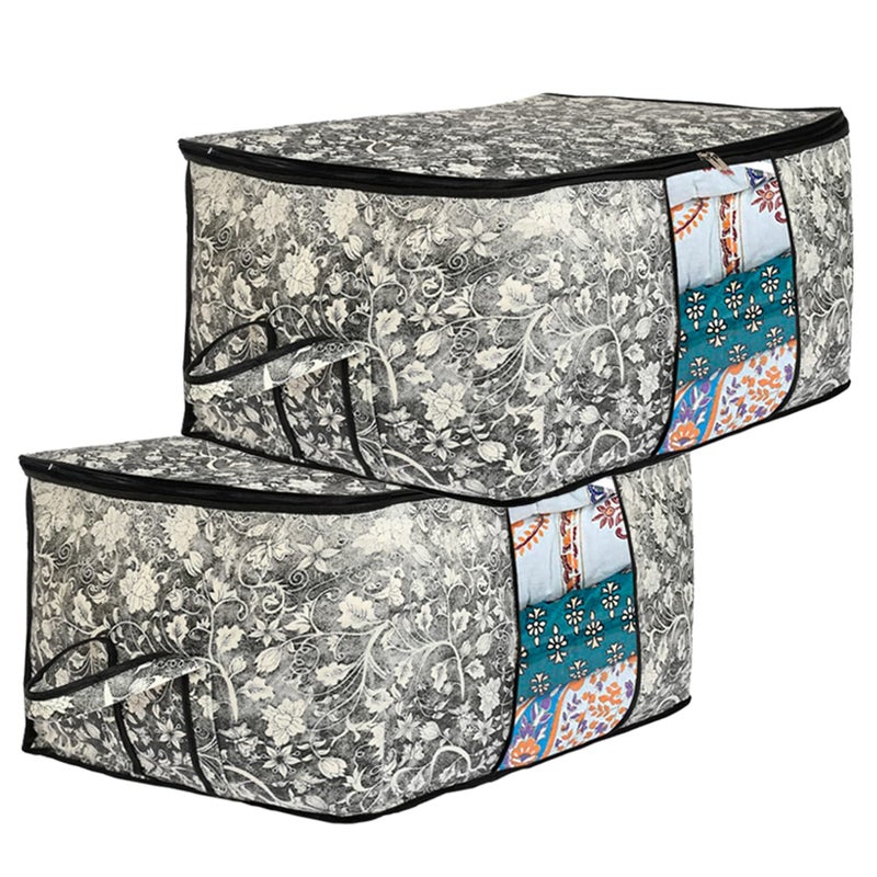 Brand - Solimo Solimo Metalic 2 Pieces Non Woven Underbed Storage Bag Cloth Organiser Blanket Cover With Transparent Window FlowerBlack - Image 1