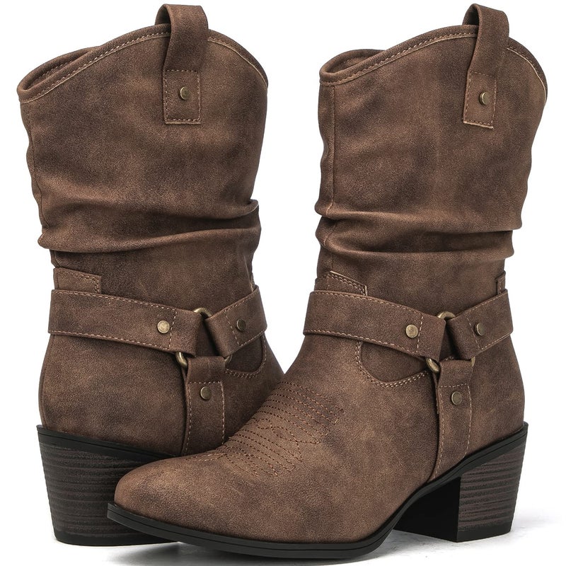 GLOBALWIN Women's Camel Mid Calf Cowgirl Boots Fashion Western Cowboy Boots for Women Chunky Low Heel With Side Zipper Size 7M - Image 1