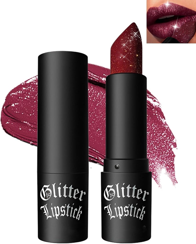 Wine Red Diamond Glitter Matte Lipstick Gothic Shiny Lip Gloss Sparkling High Pigment Longlasting Waterproof Smudgeproof NonStick Cup Bold Shimmer Lip Blam for Cosplay Halloween Party Makeup07
