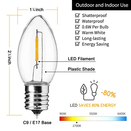 MineTom 25 Pack C9 LED Christmas Light Bulbs Clear Plastic C9 Shatterproof LED Bulbs Replacement for Christmas String Lights E17 Intermediate Base Commercial Dimmable Holiday Bulbs Warm White 2700K - Image 3