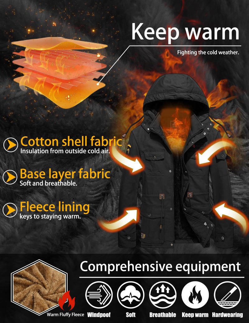 TACVASEN Mens Winter Jacket Fleece Warm Jackets Winter Coats for Men Military Work Coat with Hooded Black XL - Image 3