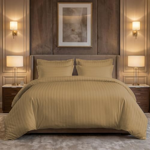LINENWALAS Cotton 300 TC Fitted Bed Sheet for Queen Bed | Signature 2 CM Sateen Stripe Design | All-Around Elastic for 4–8 Inch Mattresses | Luxury Hotel-Style Bedding (60 x 78, Beige) - Image 1