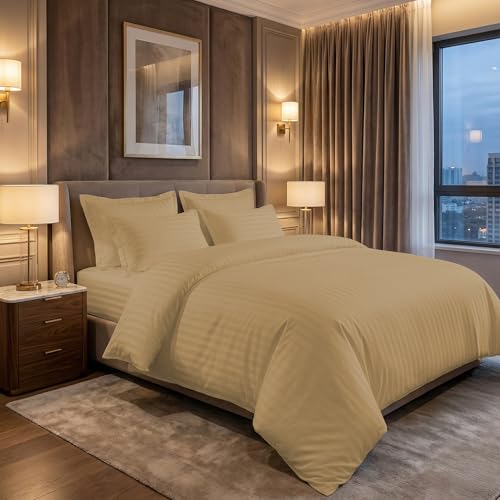 LINENWALAS Cotton 300 TC Fitted Bed Sheet for Queen Bed | Signature 2 CM Sateen Stripe Design | All-Around Elastic for 4–8 Inch Mattresses | Luxury Hotel-Style Bedding (60 x 78, Beige) - Image 2