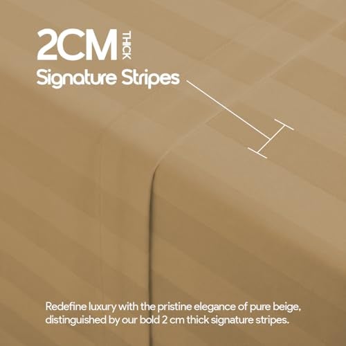 LINENWALAS Cotton 300 TC Fitted Bed Sheet for Queen Bed | Signature 2 CM Sateen Stripe Design | All-Around Elastic for 4–8 Inch Mattresses | Luxury Hotel-Style Bedding (60 x 78, Beige) - Image 3