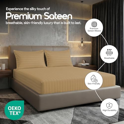 LINENWALAS Cotton 300 TC Fitted Bed Sheet for Queen Bed | Signature 2 CM Sateen Stripe Design | All-Around Elastic for 4–8 Inch Mattresses | Luxury Hotel-Style Bedding (60 x 78, Beige) - Image 5