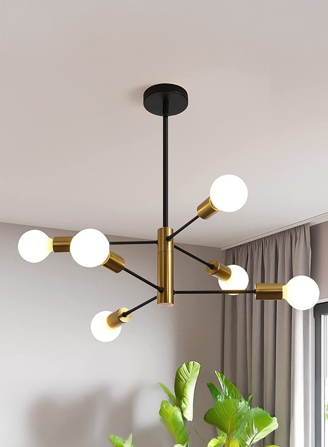 XiuWoo Modern Chandelier 6 Light Fixture Height Adjustable Mid Century Ceiling Chandelier Plating Finished Black and Gold Chandelier for Living Room Dining Bedroom Kitchen Foyer (Bulbs NOT Included)  - Image 1