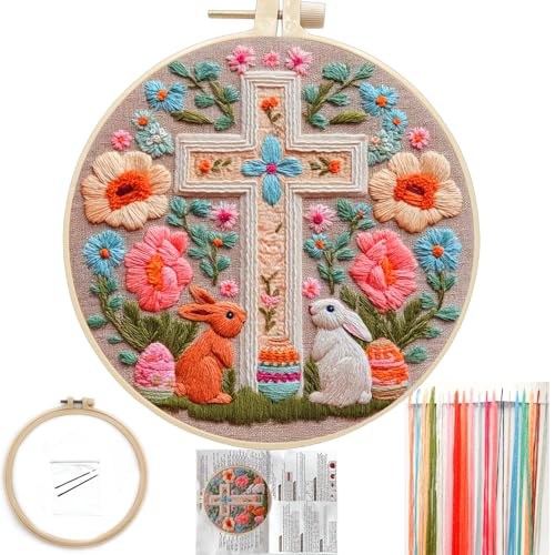 FONNUY Easter Rabbit Floral Cross Embroidery Kit Easter Egg Happy Rabbits Bunny Stamped Pattern Kits for Audlt Beginners Hand Works Crafts 8 x 8 Happy Bunny 03 - Image 1