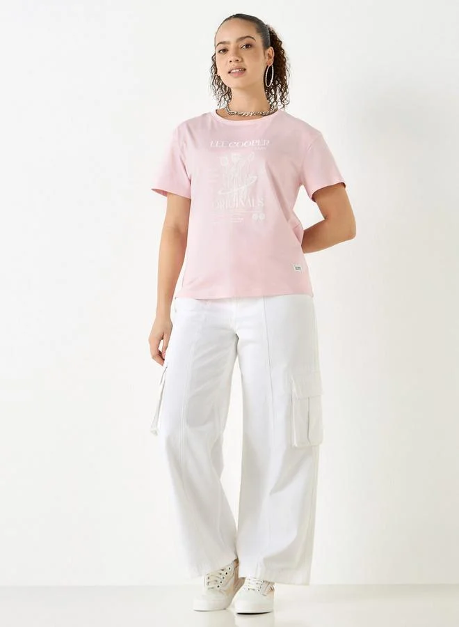 Lee Cooper  Lee Cooper Graphic Print Crew Neck Cotton T-shirt with Short Sleeves for Women | Best Price UAE