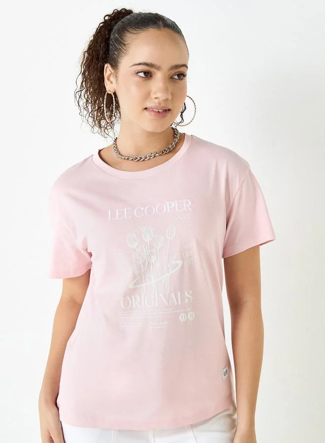 Lee Cooper Graphic Print Crew Neck Cotton T-shirt with Short Sleeves