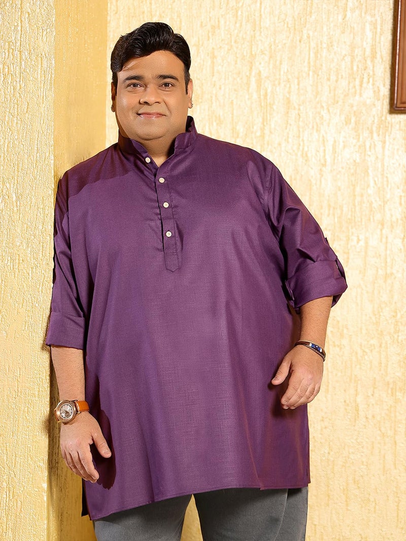 Bigbanana Plus Size Men's Regular Fit Solid Short Kurta (Pollan-Purple,Purple,6XL) - Image 4