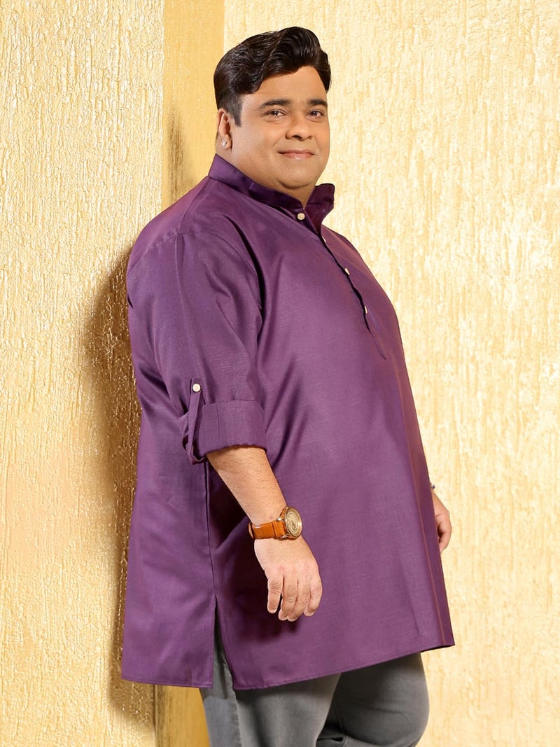 Bigbanana Plus Size Men's Regular Fit Solid Short Kurta (Pollan-Purple,Purple,6XL) - Image 3