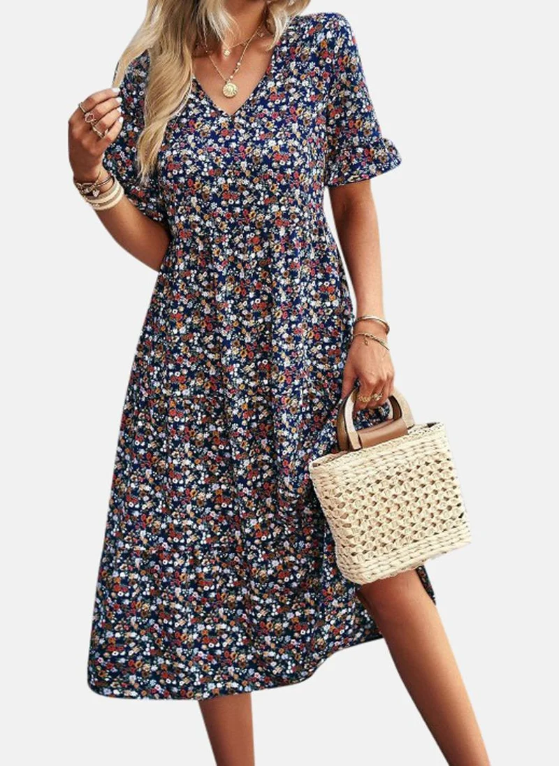 YUNIQEE Blue Printed A-Line Midi Dress