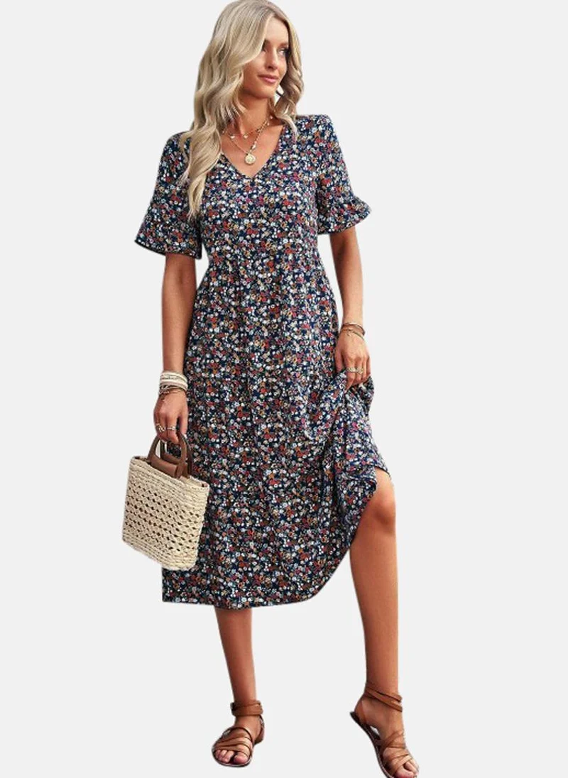 YUNIQEE Blue Printed A-Line Midi Dress