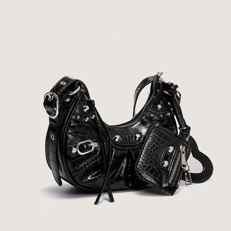 Motorcycle Bag Rivet Tassle Bag Pleated Bag Punk Style Underarm Bag Fashion High-End Sense Shoulder Bag Women'S Bag - Image 3