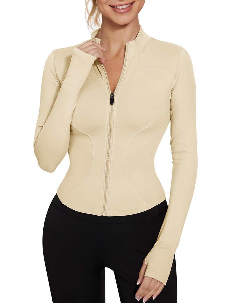 LUYAA Athleitc Zip Up Jackets Long Sleeve Workout Tops Lightweight Crop Fall Active Wear Work Out Sets Apricot L - Image 1