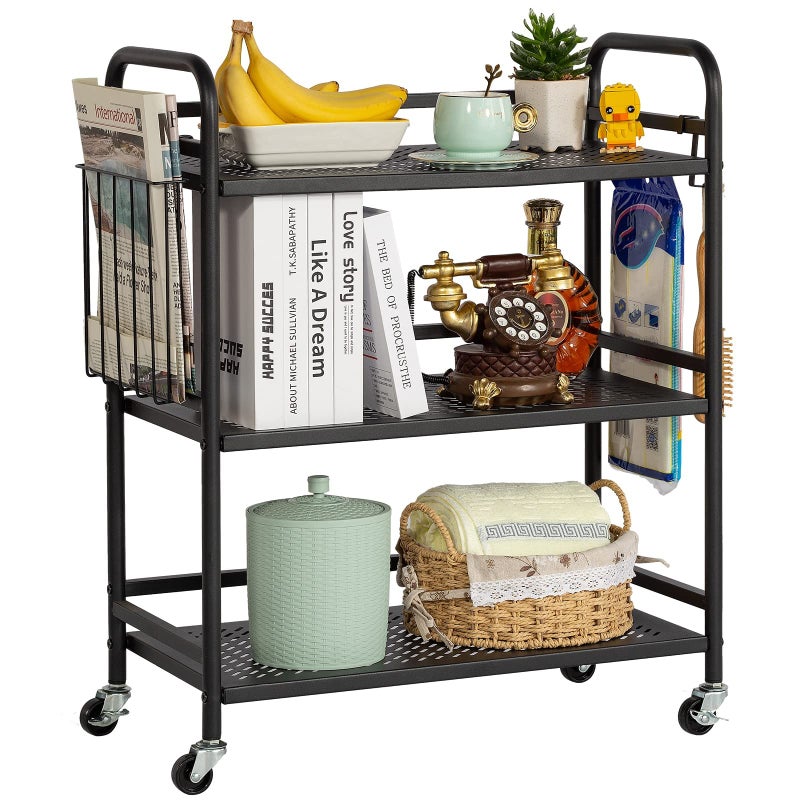 HDANI 3 Tier Metal Mesh Utility CartLarge Capacity Multipurpose Heavy VehicleRolling Trolley with to Hooks and One BasketBlack