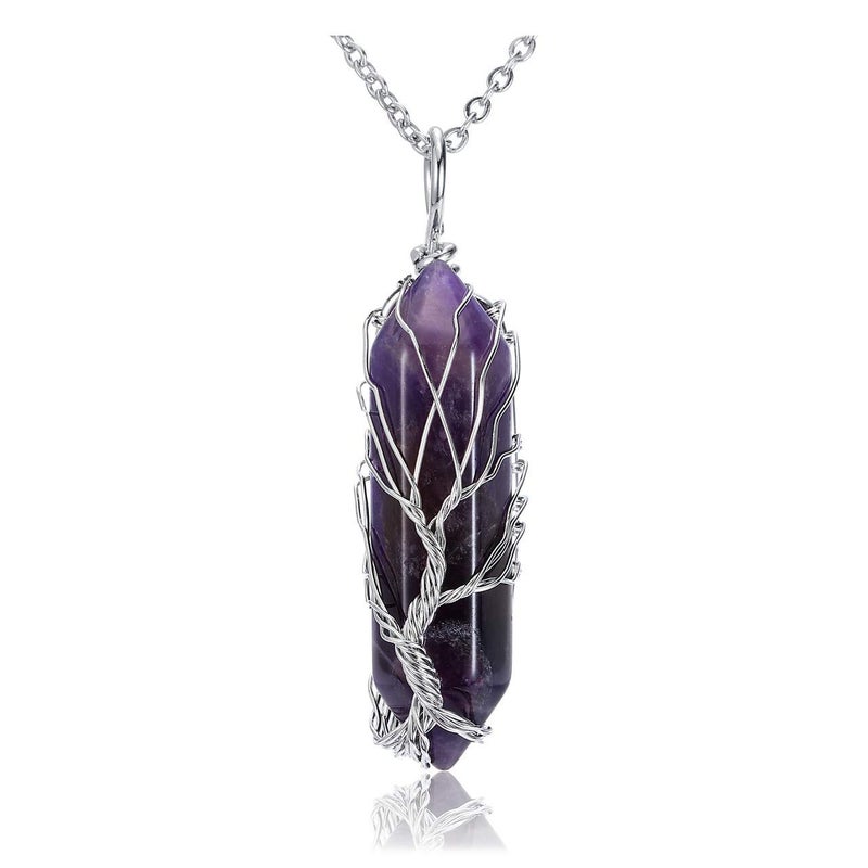 PESOENTH Amethyst Life Tree Wire Wrapped Reiki Healing Crystal Necklace Purple Amethyst Crystal Stone Gemstone Hexagonal Pointed Pendant Jewelry for Women