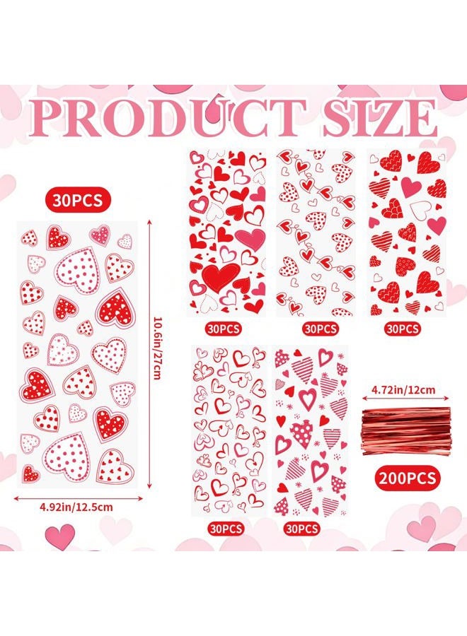 FOIMAS 180pcs Valentine's Day Cellophane Treat Bags,Heart Candy Goodie Bags Cookie Bag with Twisted Ties for Valentines Day Party Supply - Image 2