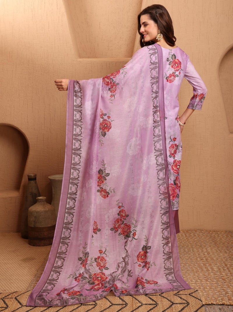 EthnicJunction Women's Silk Blend Floral Print & Lace Work Straight Kurta Pant with Printed Dupatta Set Lavendar - Image 5