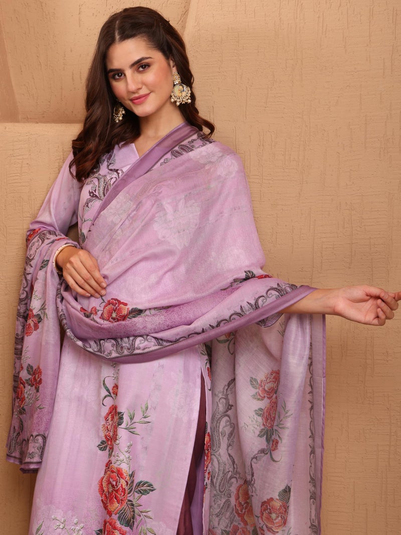 EthnicJunction Women's Silk Blend Floral Print & Lace Work Straight Kurta Pant with Printed Dupatta Set Lavendar - Image 2