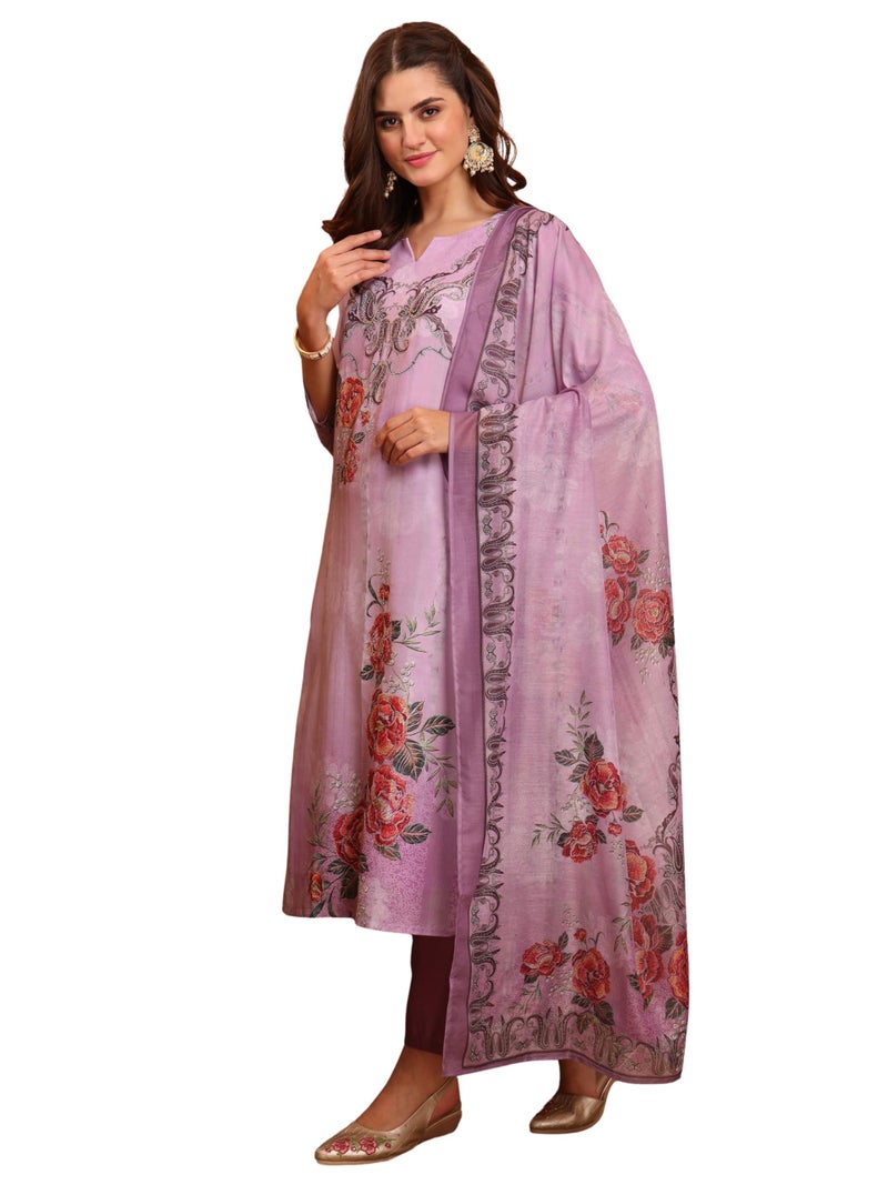 EthnicJunction Women's Silk Blend Floral Print & Lace Work Straight Kurta Pant with Printed Dupatta Set Lavendar - Image 1