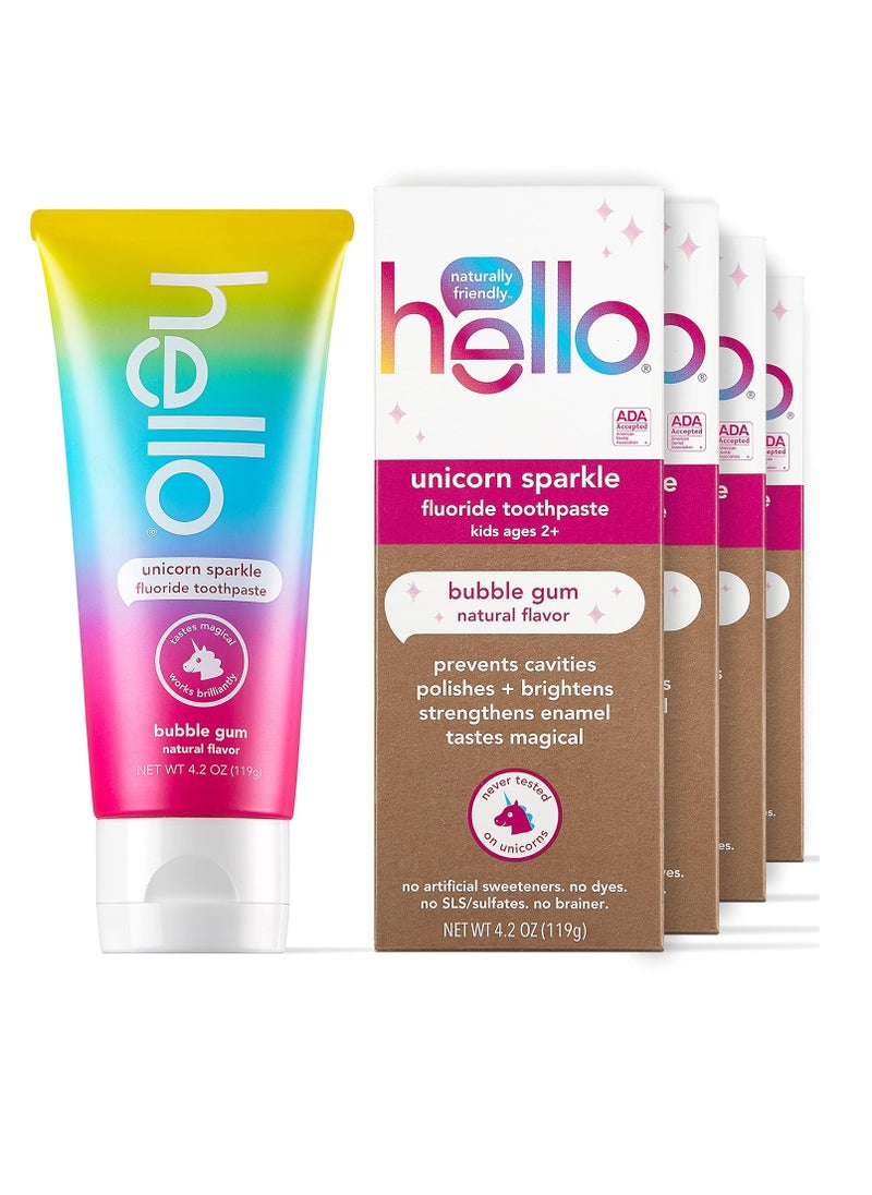 Hello hello Kids Unicorn Sparkle Fluoride Toothpaste with Natural Bubble Gum Flavor, Vegan, SLS & Gluten Free, 4.2 oz, 4 Count  - Image 1