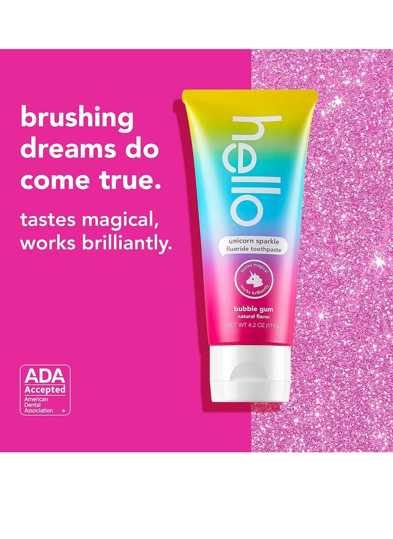 Hello hello Kids Unicorn Sparkle Fluoride Toothpaste with Natural Bubble Gum Flavor, Vegan, SLS & Gluten Free, 4.2 oz, 4 Count  - Image 2