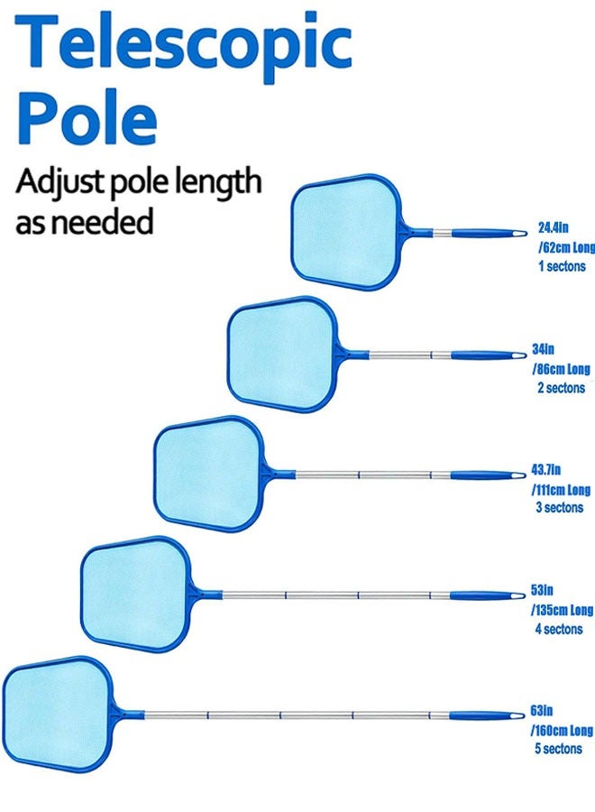 شبكة تصفية حمام السباحة، شبكة تصفية حمام السباحة مع عمود تلسكوبي من الألومنيوم قابل للتعديل مكون من 5 أقسام، بطول 24 بوصة إلى 63 بوصة شبكة تصفية حمام السباحة شديدة الدقة، شبكة تصفية أوراق حمام السباحة لحمامات السباحة والمنتجعات الصحية وأحواض الاستحمام الساخنة - Image 3