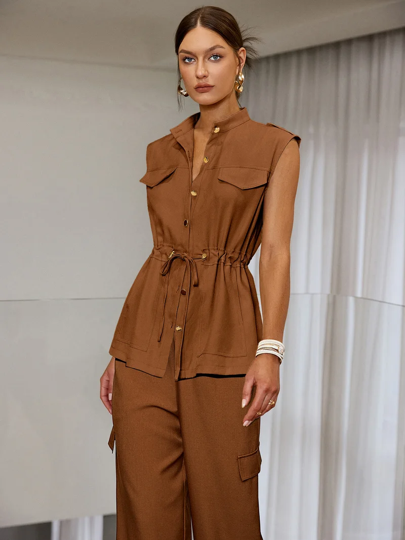Simplee Lapel Sleeveless Cargo Vest Top & Matching Trousers Set, Vintage Cargo Co-ord Set