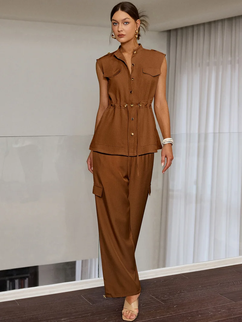 Simplee Lapel Sleeveless Cargo Vest Top & Matching Trousers Set, Vintage Cargo Co-ord Set