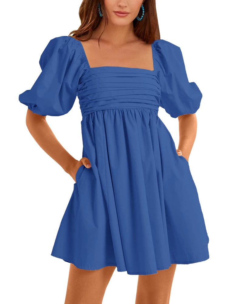 Ebifin Womens Square Neck Dresses Half Puff Sleeve High Waist ALine Casual Backless Smocked Short Babydoll Mini Dress