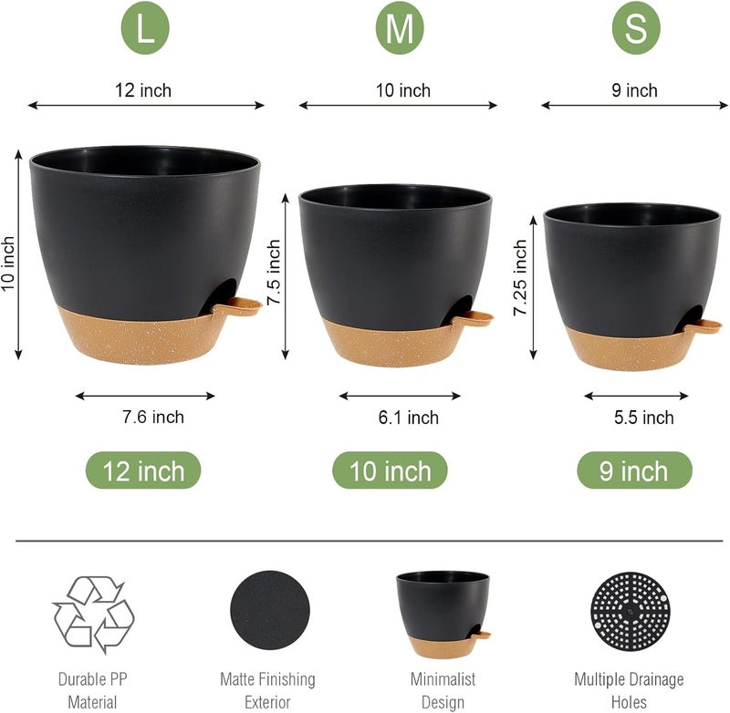 UOUZ Large Self Watering Pots, 12/10/9 Plastic Planters with High Drainage Holes and Deep Reservoir for Indoor Outdoor Garden Plants and Flowers, Black with Brown - Image 2
