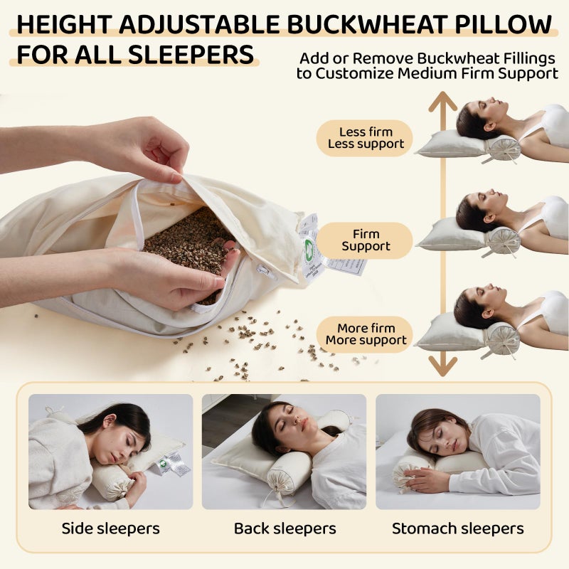 LOFE Buckwheat Pillow - 2IN1 Buckwheat Hull Pillow, Tartary Buckwheat Neck Roll Pillow for Superior Support, Adjustable Cervical Neck Pillow for Side, Back, Stomach Sleepers, Organic Cotton Pillowcase - Image 4