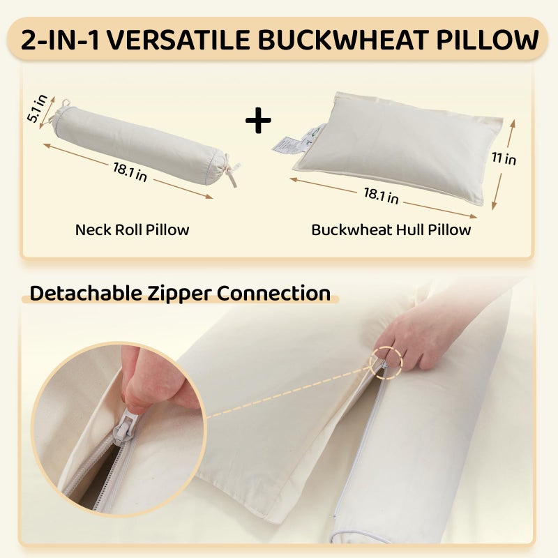 LOFE Buckwheat Pillow - 2IN1 Buckwheat Hull Pillow, Tartary Buckwheat Neck Roll Pillow for Superior Support, Adjustable Cervical Neck Pillow for Side, Back, Stomach Sleepers, Organic Cotton Pillowcase - Image 2