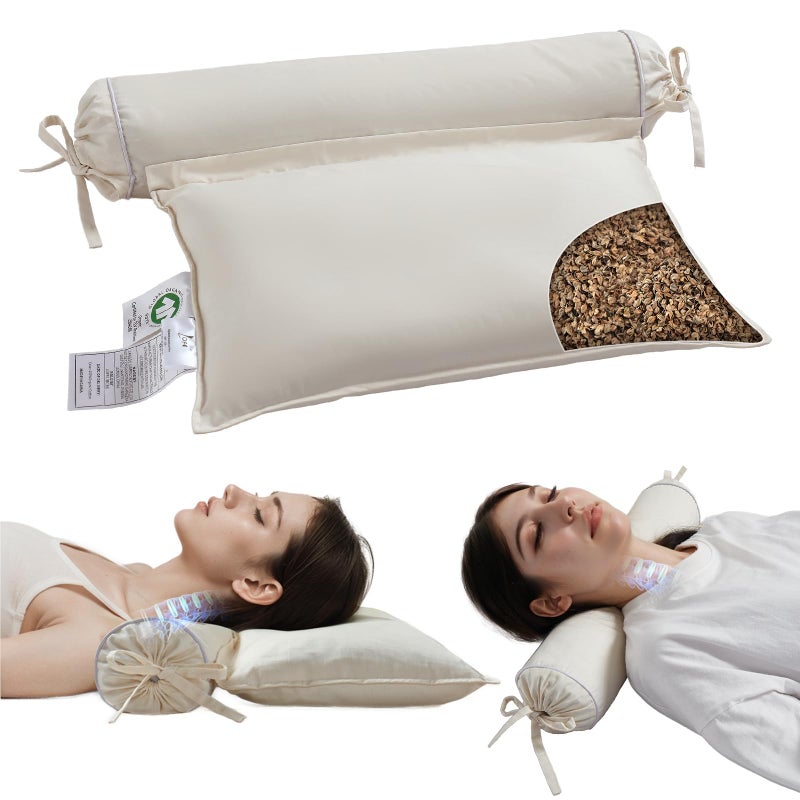 LOFE Buckwheat Pillow - 2IN1 Buckwheat Hull Pillow, Tartary Buckwheat Neck Roll Pillow for Superior Support, Adjustable Cervical Neck Pillow for Side, Back, Stomach Sleepers, Organic Cotton Pillowcase - Image 1