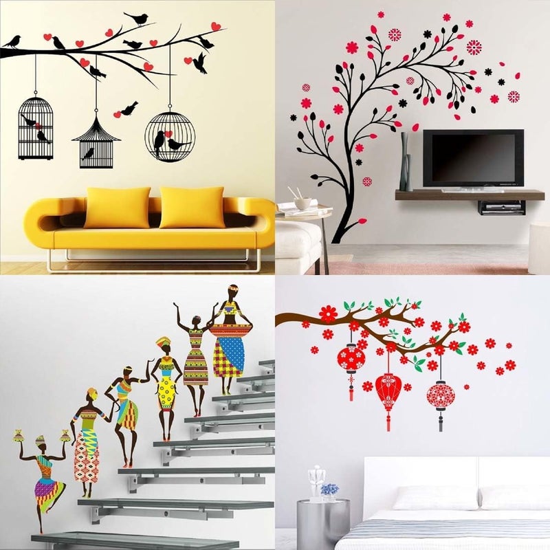 MERICAL Set of 4 Tribal Lady, Kids Under Tree, Lovebirds & Hearts, Magical Tree, Wall Sticker for Wall Decor, Living Room, Children Room - Image 1