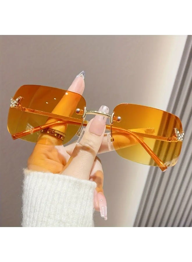 SCENT HOUSE 1pc Women&AposS Y2K Style Square Frame Fashion Glasses with Rhinestone Accents - Orange Es, Metal Frame, Lightweight & Stylish for Casual Attire, Parties, And S, Party Eyewear, Modern Eyewear, Durable Eyewear for Daily (Includes eyeglass case),sunglasses - Image 2