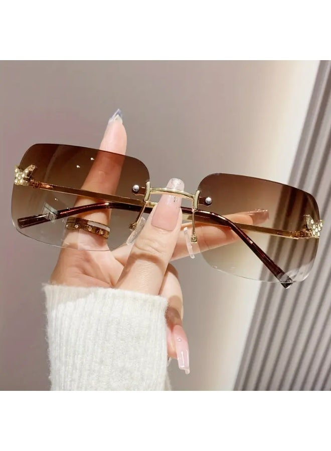 SCENT HOUSE 1pc Women&AposS Y2K Style Square Frame Fashion Glasses with Rhinestone Accents - Orange Es, Metal Frame, Lightweight & Stylish for Casual Attire, Parties, And S, Party Eyewear, Modern Eyewear, Durable Eyewear for Daily (Includes eyeglass case),sunglasses - Image 1
